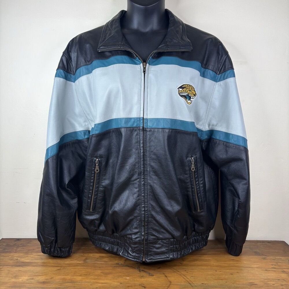 Vtg. 90s Reebok NFL Jacksonville Jaguars Large Leather Bomber Jacket Zip Boxy